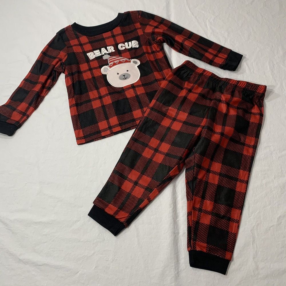 Cuddl Duds Kids Red Black Plaid Bear Cub Christmas Pajamas Set Size 2T Flame Res